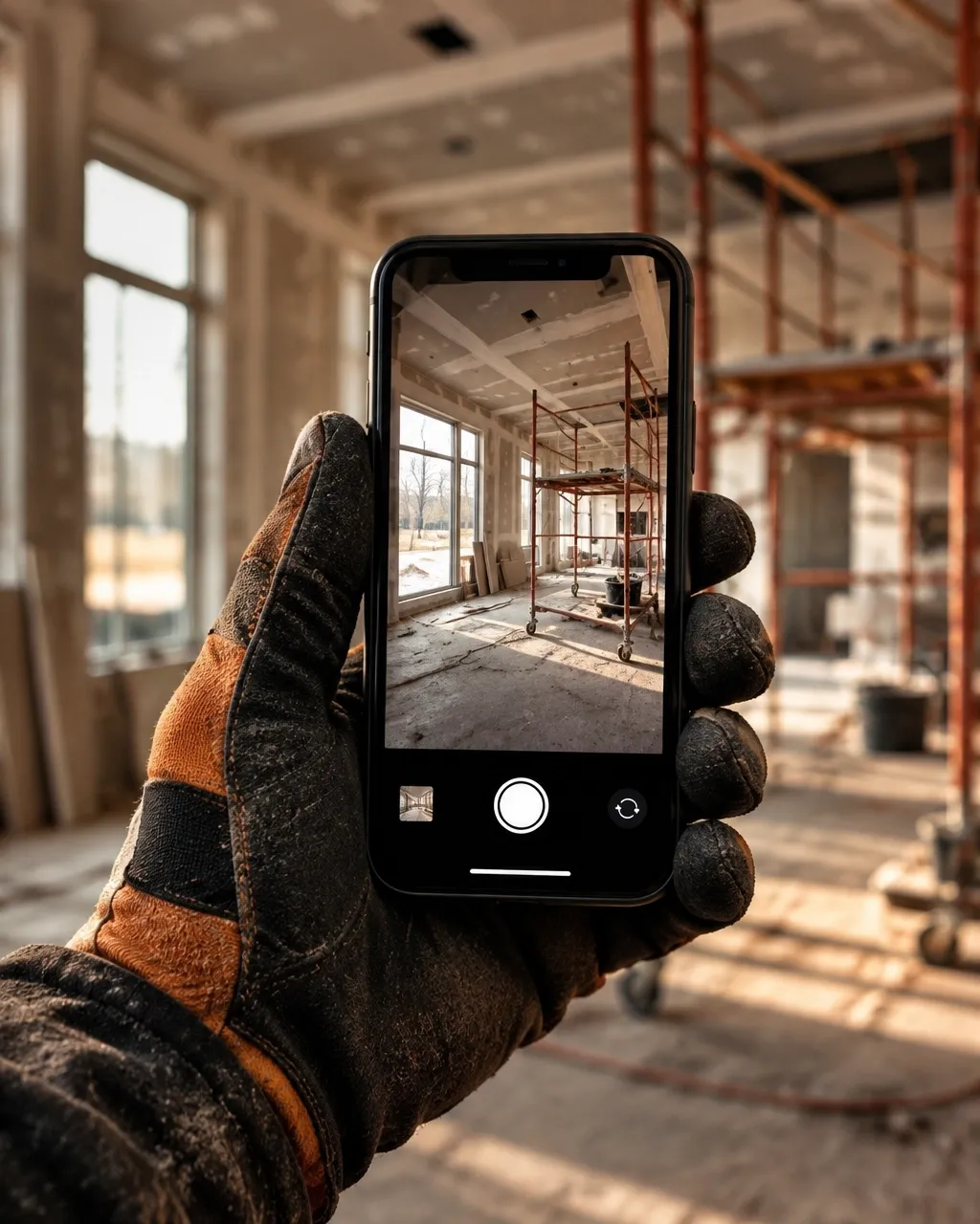 Builder photographing an active home construction project with a phone