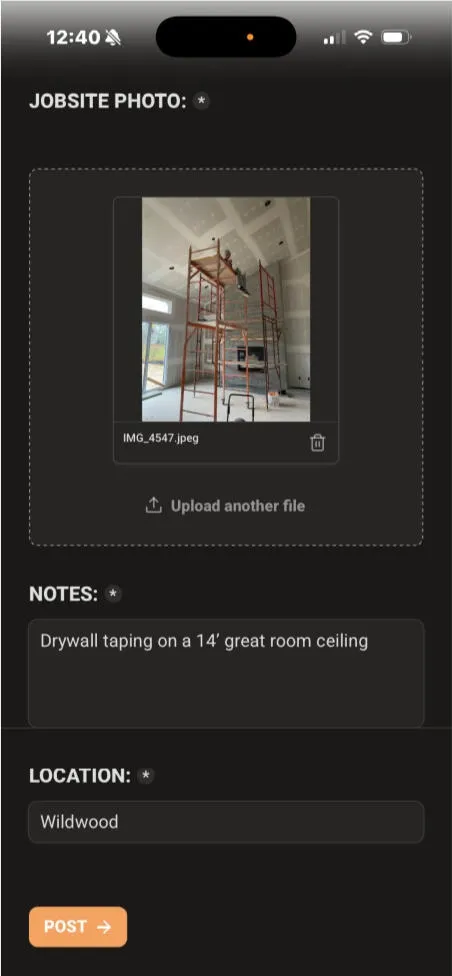 Mobile jobsite upload form with photo, note, location, and post button